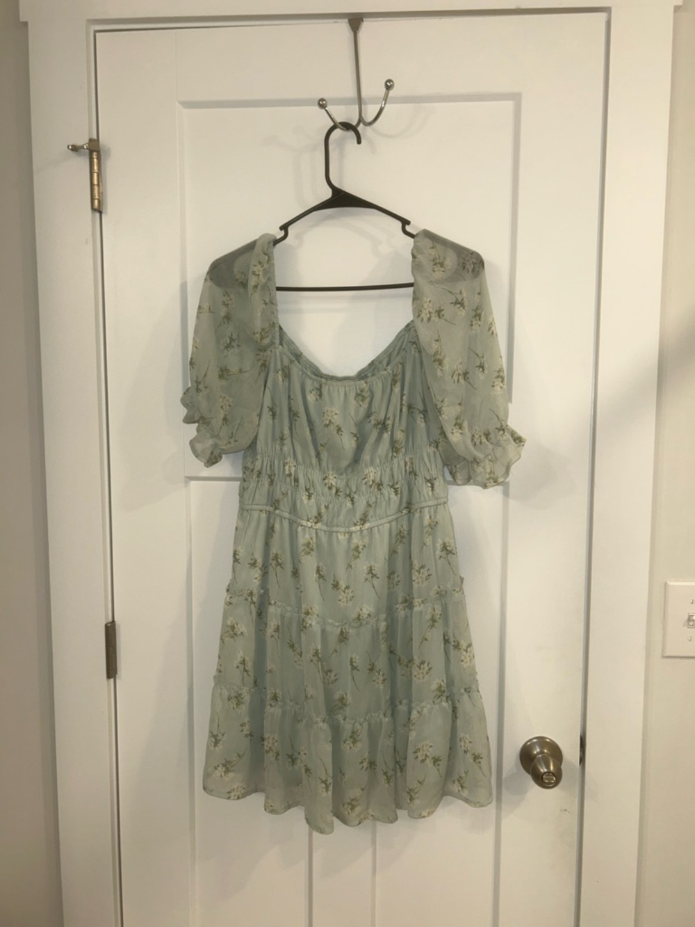 Altar'd State Light Sage Puff Sleeve Floral Mini Dress